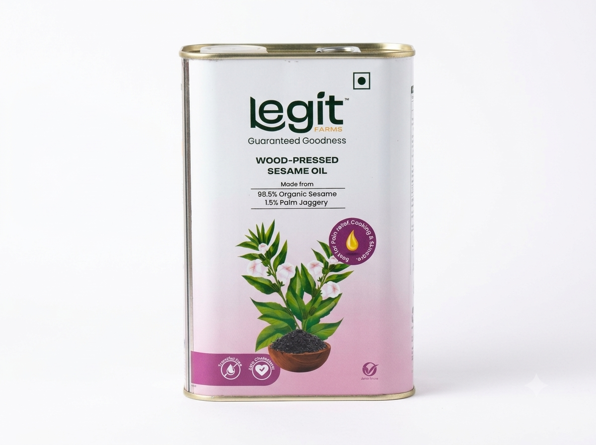 Bottle of Legit Farms wood-pressed sesame oil