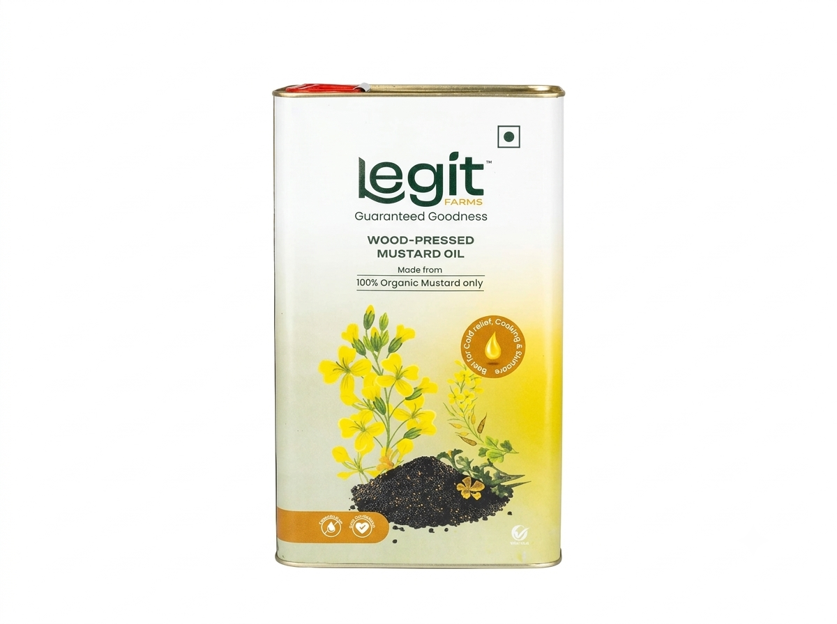 Bottle of Legit Farms wood-pressed mustard oil
