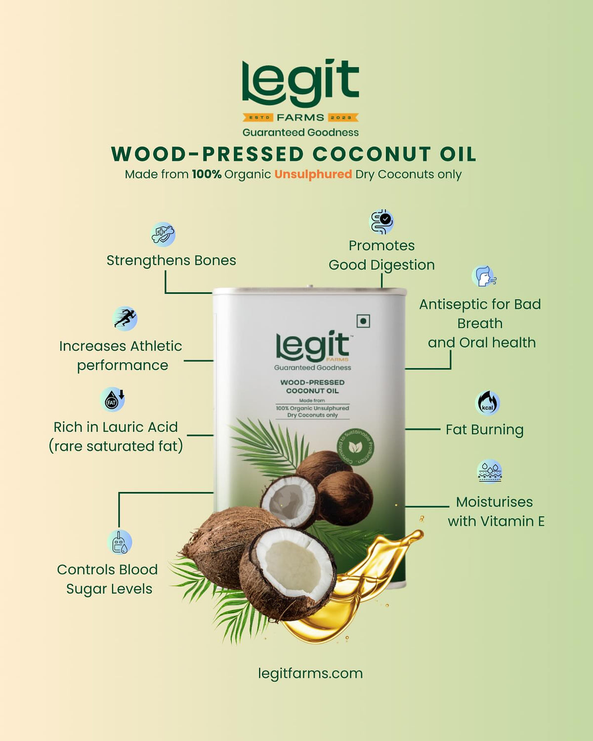 Coconuts used in Legit Farms wood-pressed coconut oil